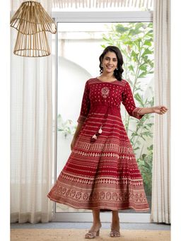 Juniper - Maroon Ethnic Motif Printed Liva Rayon Dress with Sequins and Beads (Set of 2)