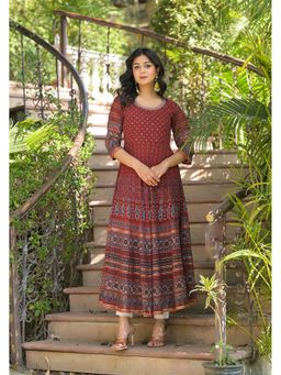 Juniper - Rust Ethnic Motif Printed Georgette Kurta with Thread Work
