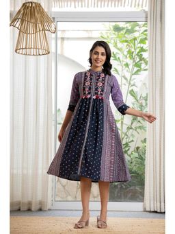 Juniper - Lavender Floral Printed Cotton Dress with Thread Work and Tassels