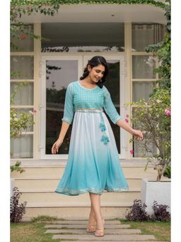 Juniper - Turquoise Embroidered Georgette Dress with Doris At Waist and Mirror Work (Set of 2)