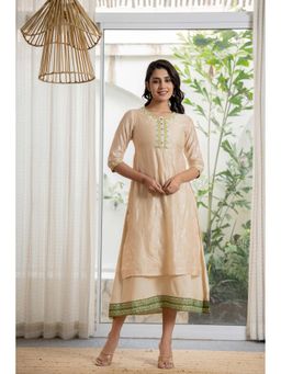 Juniper - Beige Embroidered Chanderi Dress and Inner with Mirror Work (Set of 2)