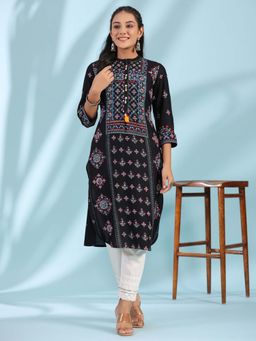 Juniper - Black Ethnic Motif Printed Rayon Calf Length Straight Kurta