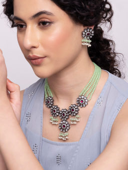 Indya - Green White Kundan Bead CZ Earring Necklace Set (Set of 2)