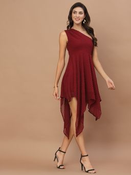 KASSUALLY - Women Burgundy Georgette One Shoulder Fit & Flare Dress