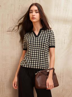 U.S. POLO ASSN. - Black Flat Knit And Houndstooth Jacquard Polo T-Shirt