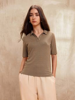 U.S. POLO ASSN. - Brown Elbow Sleeves Embelished Buttons Self Design Polo T-Shirt