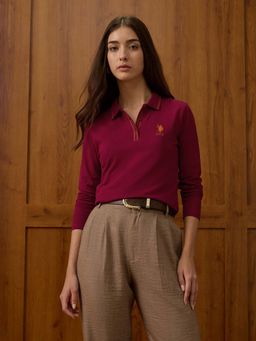 U.S. POLO ASSN. - Burgundy Cotton Solid Full Sleeves Polo T-Shirt