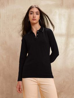 U.S. POLO ASSN. - Black Cotton Solid Full Sleeves Polo T-Shirt