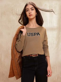 U.S. POLO ASSN. - Brown Round Neck Drop Shoulder Full Sleeves Tshirt
