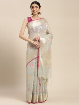 Banarasi Silk Works - Grey Masrise Cotton Tilfi Jaal Zari Border Saree with Unstitched Blouse