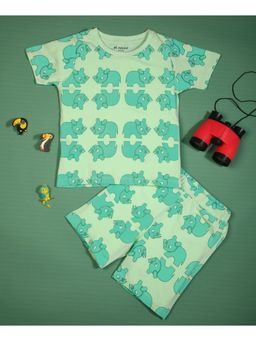 Be Awara - Half Sleeves Cotton T-shirt & Shorts Rhino Print Green (Set of 2)