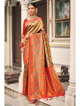 Sangam Prints - Dark Green Silk Woven Zari Work Traditional Tassel Saree with Unstitched Blouse