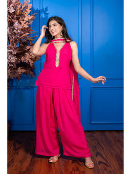 Label Shaurya Sanadhya - Pink Short Kurta with Pleated Palazzos and Dupatta