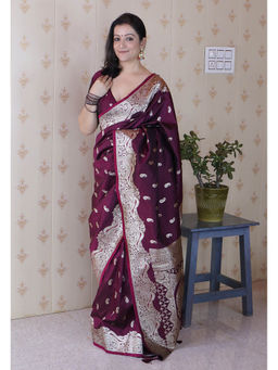 KALAASHREE - Wine Premium Banarasi Soft Silk Saree With Unstitched Blouse