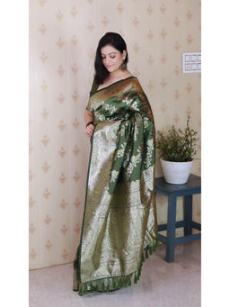 KALAASHREE - Mehendi Green Premium Banarasi Soft Silk Zari Minakari Saree With Unstitched Blouse