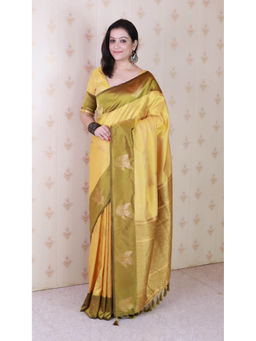 KALAASHREE - Yellow Soft Silk Saree With Unstitched Blouse With Zigzag Motifs