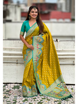 KALAASHREE - Yellow Pashmina Darbari Saree With Unstitched Blouse