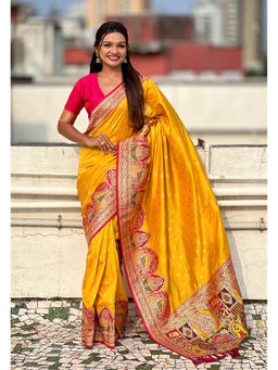 KALAASHREE - Mustard Pashmina Darbari Saree With Unstitched Blouse