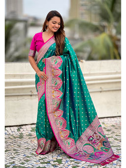 KALAASHREE - Green Pashmina Darbari Saree With Unstitched Blouse