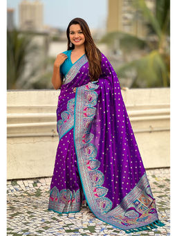 KALAASHREE - Purple Pashmina Darbari Saree With Unstitched Blouse