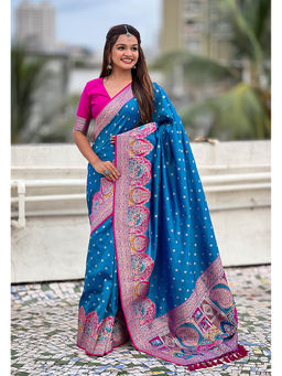 KALAASHREE - Blue Pashmina Darbari Saree With Unstitched Blouse