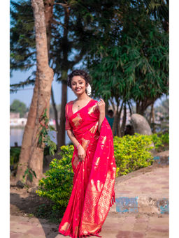 KALAASHREE - Pink Soft Moonga Silk Saree With Unstitched Blouse