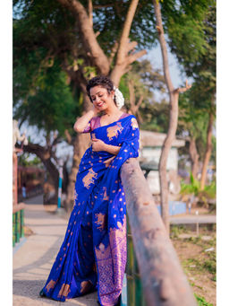 KALAASHREE - Blue Soft Moonga Silk Saree With Unstitched Blouse