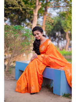 KALAASHREE - Orange Soft Moonga Silk Saree With Unstitched Blouse