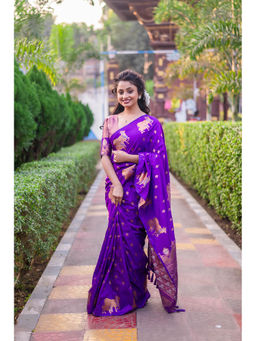 KALAASHREE - Purple Soft Moonga Silk Saree With Unstitched Blouse
