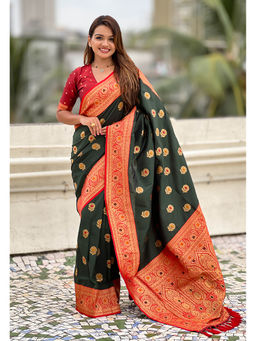 KALAASHREE - Green Soft Silk Minakari Motifs Saree With Unstitched Blouse