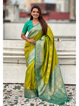 KALAASHREE - Mehendi Green Soft Silk Minakari Motifs Saree With Unstitched Blouse