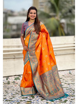 KALAASHREE - Orange Soft Silk Minakari Motifs Saree With Unstitched Blouse