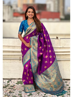 KALAASHREE - Purple Soft Silk Minakari Motifs Saree With Unstitched Blouse