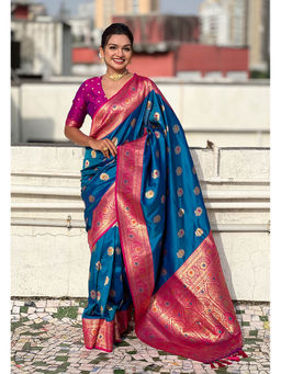 KALAASHREE - Blue Soft Silk Minakari Motifs Saree With Unstitched Blouse