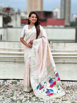 KALAASHREE - Ivory Paithani Saree With Unstitched Blouse