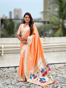 KALAASHREE - Orange Paithani Saree With Unstitched Blouse