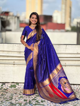KALAASHREE - Dark Blue Soft Silk Saree With Unstitched Blouse
