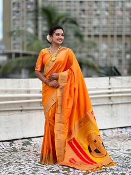 KALAASHREE - Light Orange Soft Silk Saree With Unstitched Blouse