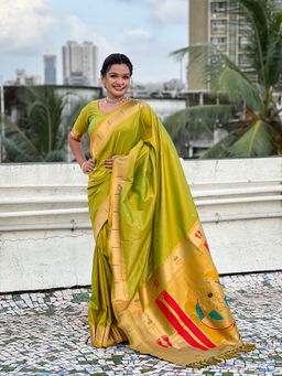 KALAASHREE - Mehendi Green Soft Silk Saree With Unstitched Blouse