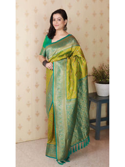 KALAASHREE - Mehendi Green Premium Banarasi Soft Silk Saree With Unstitched Blouse