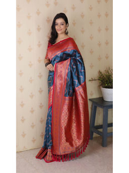 KALAASHREE - Navy Blue Premium Banarasi Soft Silk Saree With Unstitched Blouse