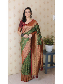 KALAASHREE - Green Premium Banarasi Soft Silk Saree With Unstitched Blouse