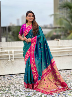 KALAASHREE - Blue Paithani Gold Zari Minakari Motifs Saree With Unstitched Blouse