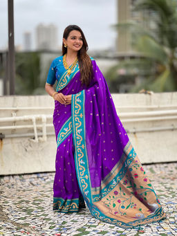 KALAASHREE - Purple Paithani Gold Zari Minakari Motifs Saree With Unstitched Blouse