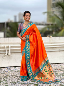 KALAASHREE - Orange Paithani Gold Zari Minakari Motifs Saree With Unstitched Blouse
