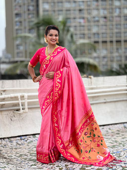 KALAASHREE - Baby Pink Paithani Gold Zari Minakari Motifs Saree With Unstitched Blouse