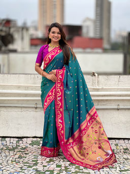 KALAASHREE - Mohini Grnmagenta Paithani Blue Saree With Unstitched Blouse