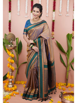 KALAASHREE - Chikoo Beige Soft Silk Floral Motifs Saree With Unstitched Blouse