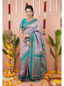 KALAASHREE - Grey Rama Soft Silk Floral Motifs Saree With Unstitched Blouse