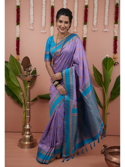 KALAASHREE - Purple Sky Soft Silk Floral Motifs Saree With Unstitched Blouse
